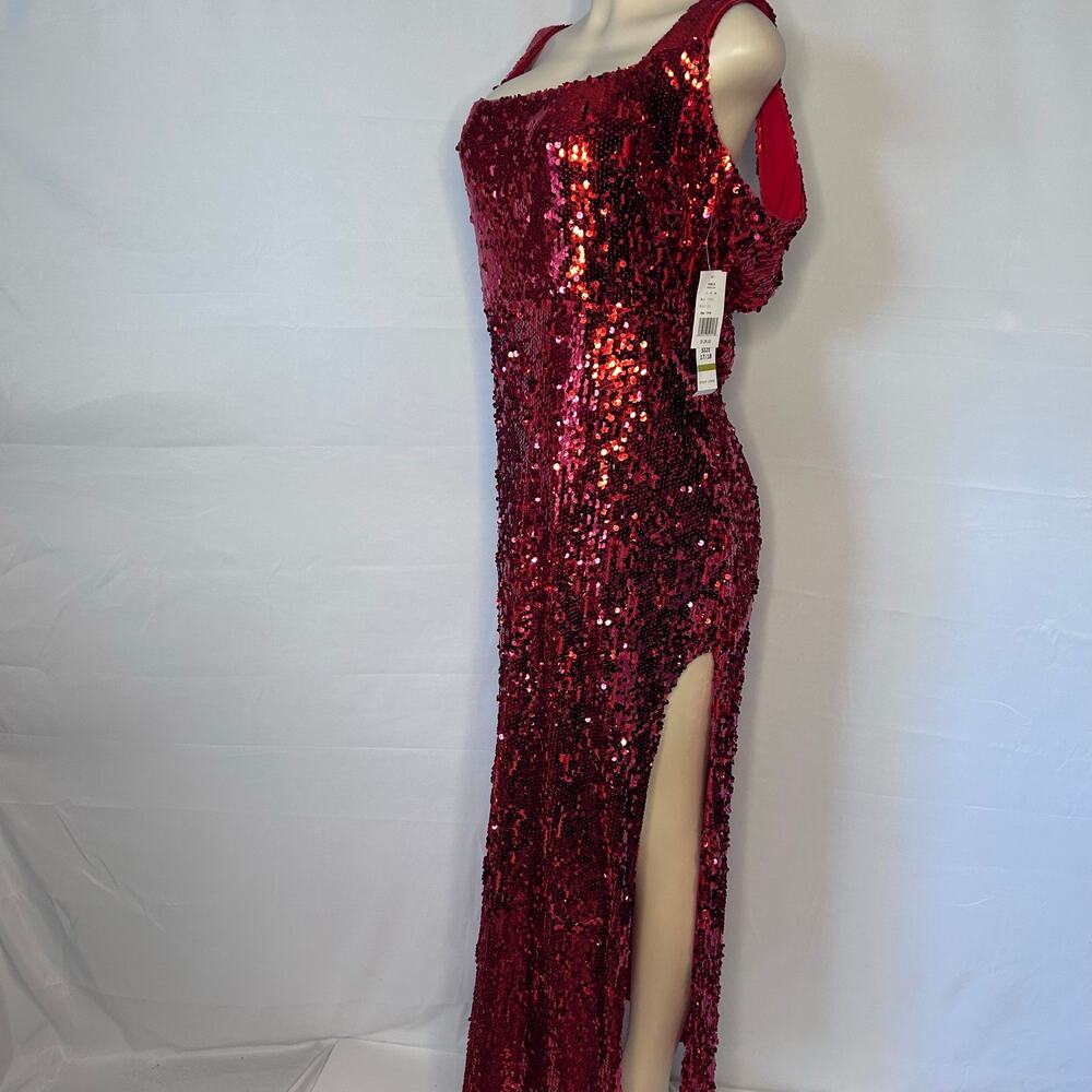 Jump Apparel Red Sequin prim /formal Maxi Dress Open Back Side Slit 17/18 NWT